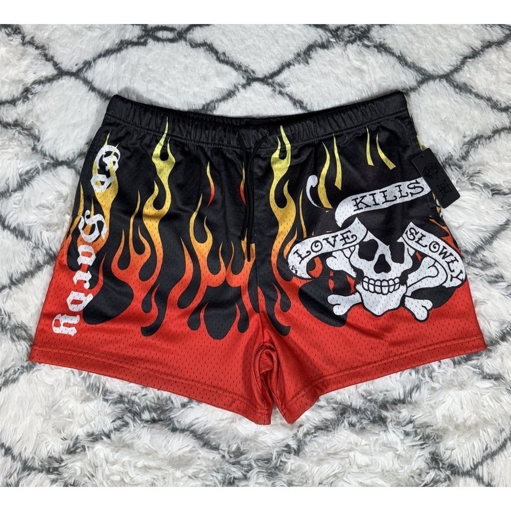 ED HARDY Love Kills Slowly Fire Skull Tattoo Mesh Shorts Men's Sz 2XL *NEW* $65
